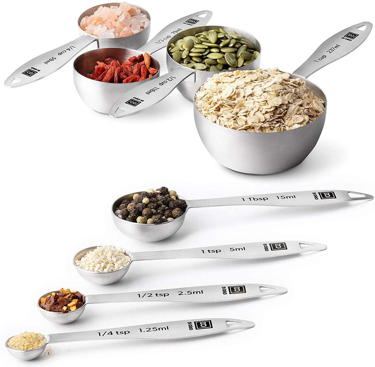 DI ORO Stainless Steel Measuring Cups - Metal Measuring Cups - Food Grade  8-Piece Kitchen Measuring Cup & Spoon Set - Liquid Measuring Cups & Spoons